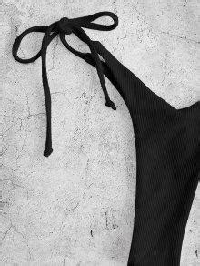 ZAFUL Cheeky Ribbed Tie String Bikini Swimwear In BLACK ZAFUL