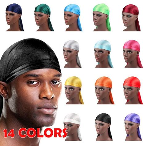 Mens Silk Satin Beanie Durag Muslim Bandana Pirate Cap Hat Long Tail