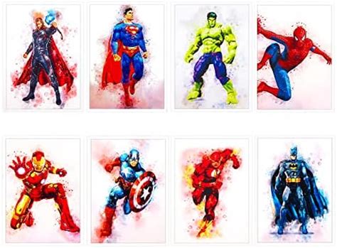 8Pcs Superhelden Aquarell Kunst Poster Kinderzimmer Bilder Set