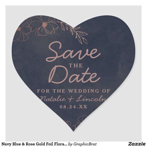 Navy Blue And Rose Gold Foil Floral Save The Date Heart Sticker Zazzle