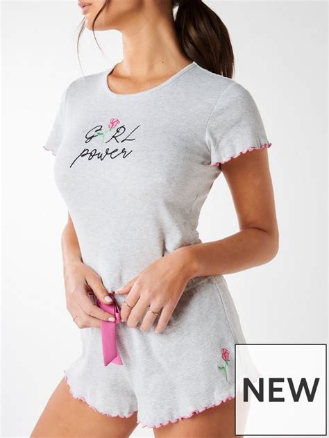 Boux Avenue Boux Avenue Girl Power Rib Tee And Short Grey Marl Mix