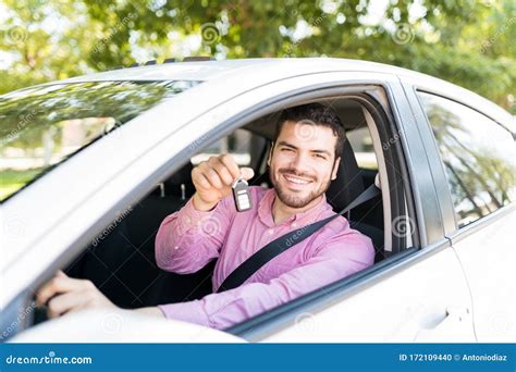 Smiling Handsome Man In New Car Stock Photo Image Of Driving Holding