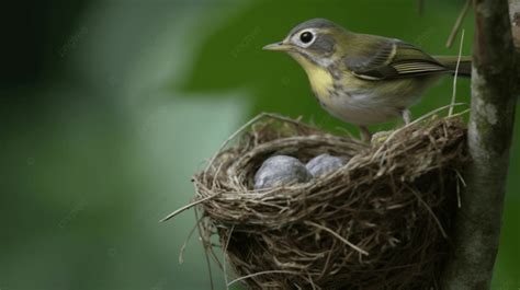 Background Burung Kecil Duduk Di Sarang Dengan Tiga Telur Betina