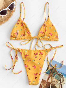 Zaful Butterfly Print Tie String Bikini Swimwear In Sun Yellow Zaful