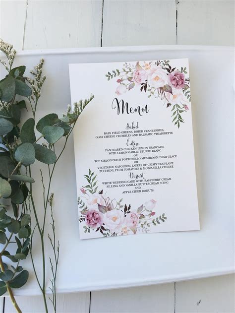 Blush Pink Wedding Menu Card Floral Wedding Menu Card Boho Etsy