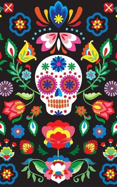 A Colorful Skull With Flowers And Leaves On It S Head Is Shown In The