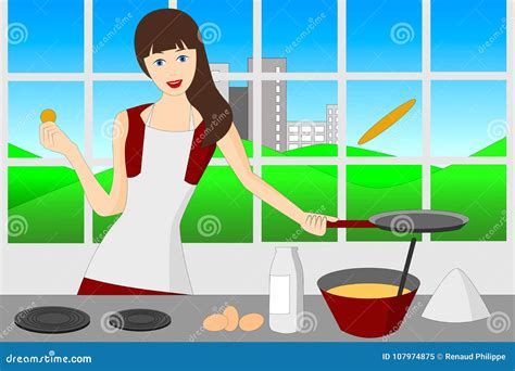 Woman Flipping Pancakes In The Kitchen Stock Illustration