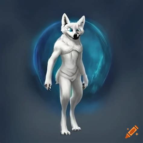 Anthropomorphic White Wolf With Fennec Fox Ears And Blue Eyes Standing