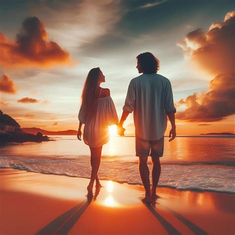 Premium Photo Couple Taking A Romantic Sunset Stroll