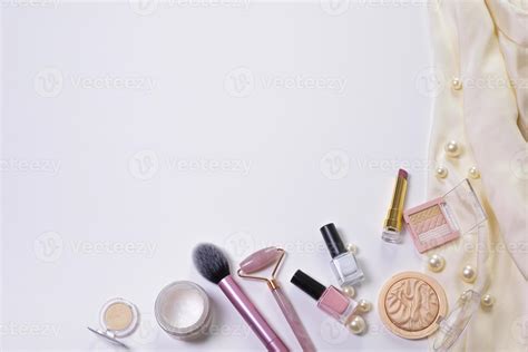 Beauty Background With Facial Cosmetic Make Up Products Free Space For Text Copy Space