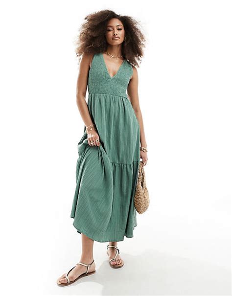 Asos Design V Neck Crinkle Midi Sundress With Tiered Skirt In Khaki Asos