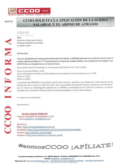 CCOO Fundación Jiménez Díaz CCOO Solicita la aplicación de la subida