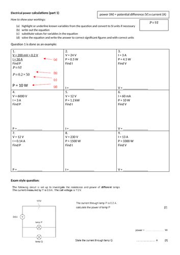 Electrical Power (A) equation practice | Teaching Resources