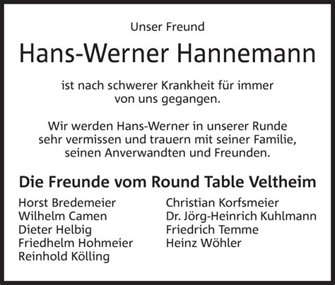 Traueranzeigen Von Hans Werner Hannemann Trauer MT De