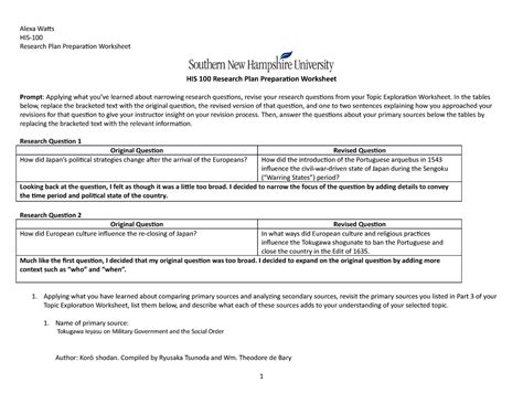 His 100 Research Plan Preparation Worksheet Alexa Watts His Research