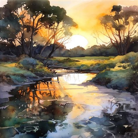 Premium Photo | A watercolor painting of a river with a sunset in the ...