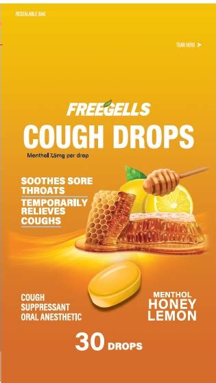 FREEGELLS COUGH DROPS MENTHOL HONEY LEMON 30CT Menthol Lozenge