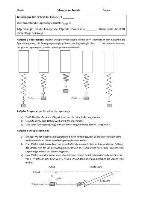 Lageenergie 2 Übungsaufgaben mit Lösungen Physik Energie
