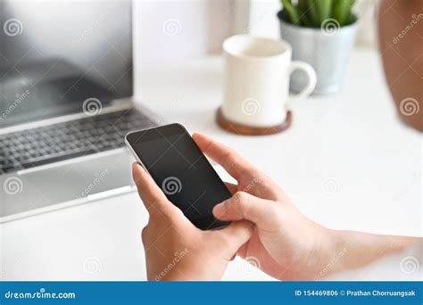 Man`s Hands Using Smartphone On Office Desk Stock Photo Image Of Hand