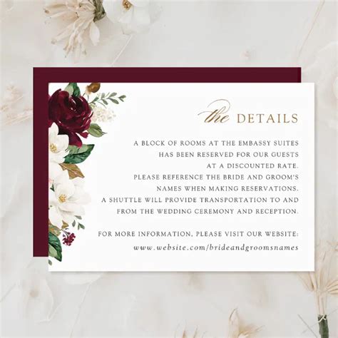 Floral Burgundy White Magnolia Details Insert Card Zazzle