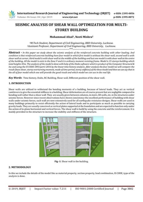 Irjet Seismic Analysis Of Shear Wall Optimization For Multi Storey Building Pdf Free Download