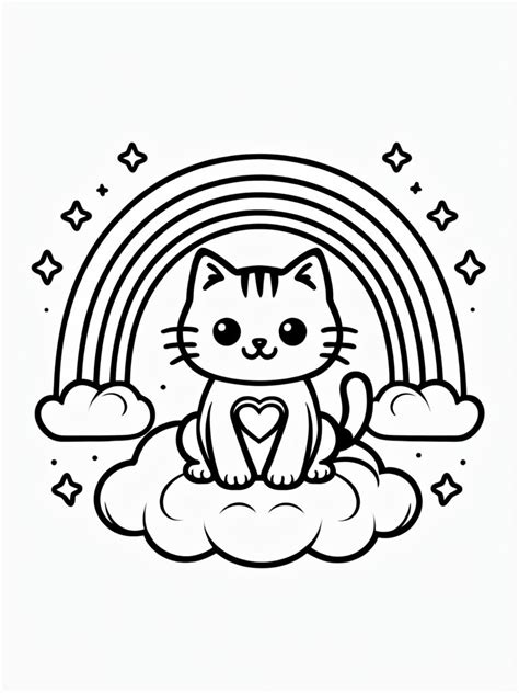 Cute Cat on Fluffy Cloud and Rainbow and Stars coloring page - Playground