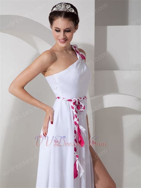 Sexy One Shoulder High Split White Prom Dress With Colorful Sash