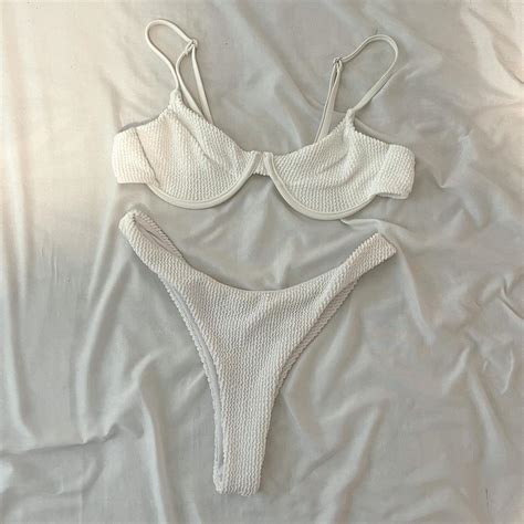 White High Cut Ribbed Bikini Set Never Worn Depop