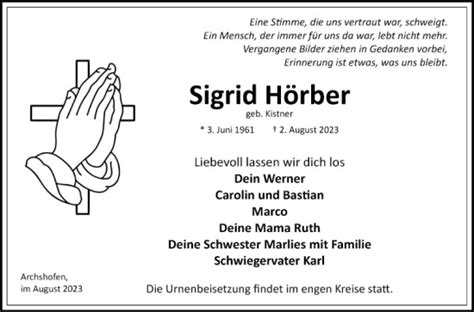 Traueranzeigen von Sigrid Hörber Trauerportal Ihrer Tageszeitung