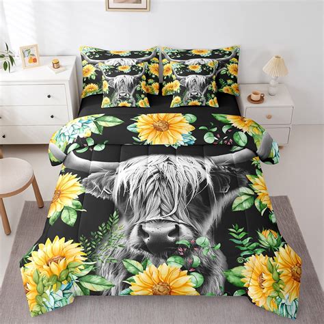 Yst Highland Cow Bed In A Bag King Yellow Sunflower Comforter Set 7