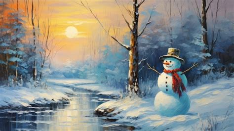 Premium AI Image | Snowman Landscape Painting Winter Artwork With ...