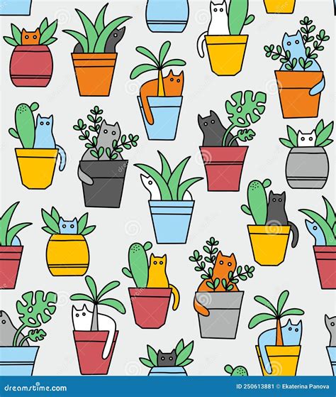 Cats in the Flower Pots Seamless Pattern. Stock Vector - Illustration ...