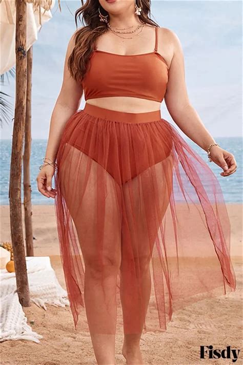 Fisdy Stylish Plus Size Orange Solid Backless Swimwear Three Piece