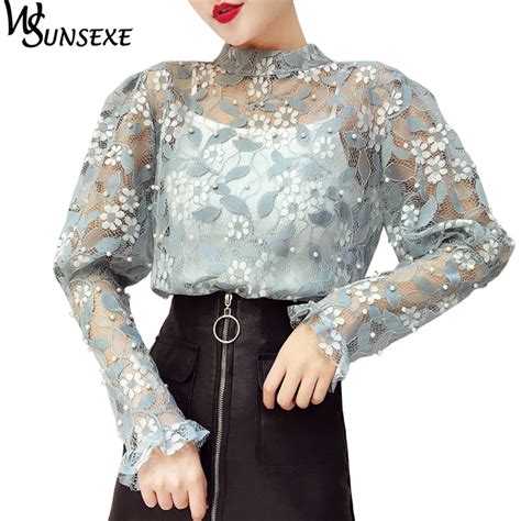 Pearl Beading Lace Blouse Shirt Women Fashion Hollow Out Stand Collar