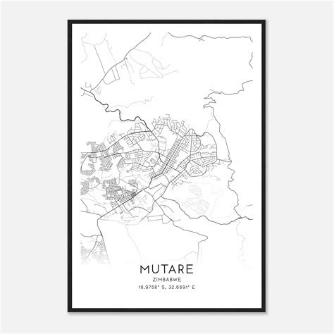 Mutare Zimbabwe Map Poster, Mutare City Road Wall Art Print - Custom Maps & Posters