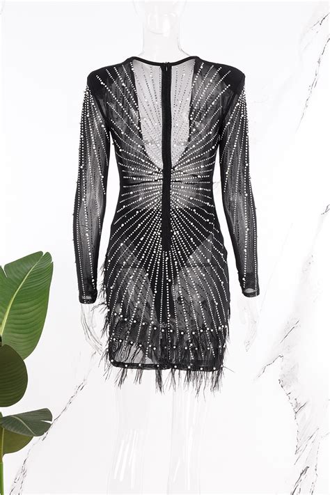 Wholesale White Sexy Patchwork Hot Drilling See Through Beading V Neck Long Sleeve Dresses