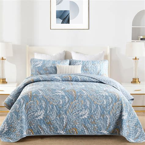 Amazon Wongs Bedding Boho Quilt Set Queen Pieces Blue Paisley