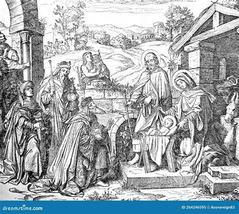 1800s Christian Illustrations for Bible. Three Kings. Wise Men. Nativity. Stable. Stock Image ...