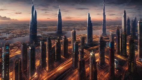 Futuristic cityscape set against a desert. The vibrant colors ...