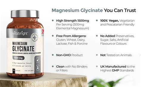 Magnesium Glycinate 1500mg High Strength Providing 300mg Elemental M Vitabright