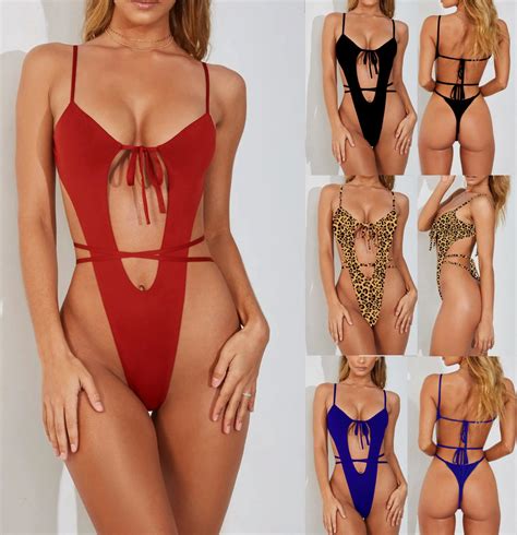 Women′s Backless Spaghetti Strap High Cut Thong One Piece Bodysuit