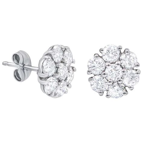 Five Row Diamond Cluster Flower Earrings 138 Carat 18 Karat White Gold For Sale At 1stdibs