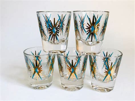 Vintage Shot Glasses Aqua Gold Starbursts 1960s Atomic Federal Glass Inca Mid Century