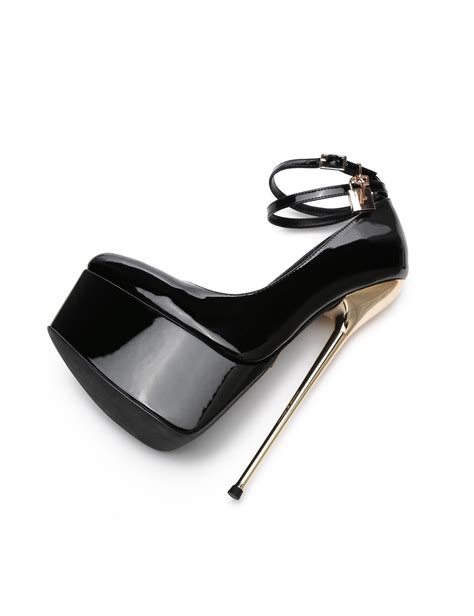 Black Shiny Essence Giaro Slick Platform Pumps With Lock And Ankle Strap