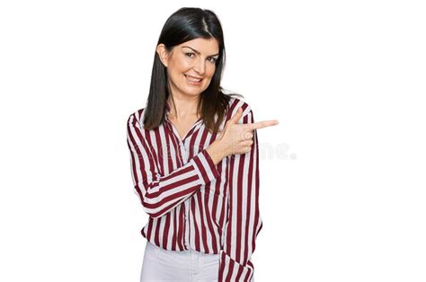 Beautiful Brunette Woman Wearing Striped Shirt Cheerful With A Smile Of