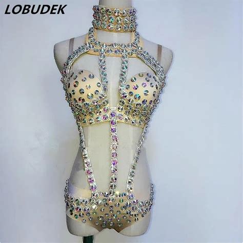 Female Bodysuit Sexy Hollow Out Rhinestones Bikini Nightclub Dj Show Pole Dancing Performance