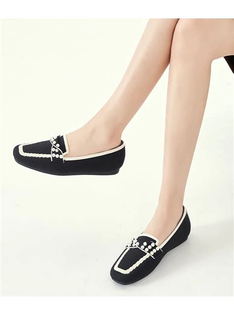 Moda Pearl Flat Sole Shoes Para Mulheres Cabe A Quadrada Tecido Voador