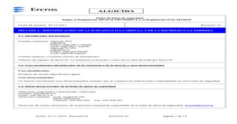 Ficha De Datos De Seguridad Datos Seguridad Algici