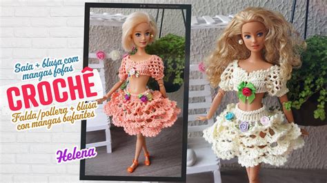 Saia babados blusa mangas fofas em crochê para Barbie