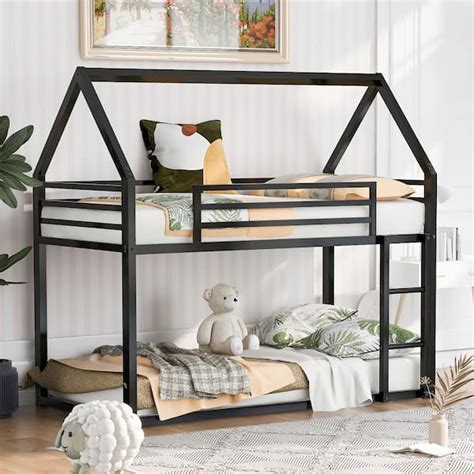 Harper Bright Designs Black Twin Over Twin Metal House Bunk Bed With